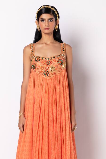 Shop_Labbada_Orange 45 Gm Light Chanderi Silk Anarkali Print Geometric And Palazzo Set_Online_at_Aza_Fashions