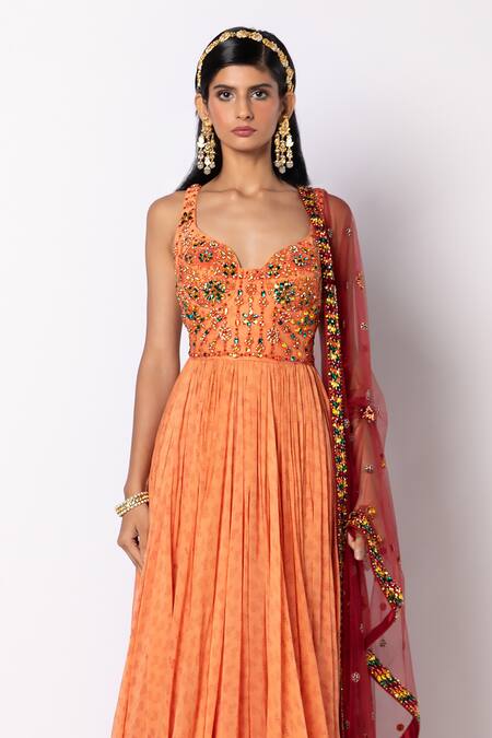 Labbada_Orange 45 Gm Light Chanderi Silk Anarkali Hand Embroidered Yoke Set_Online_at_Aza_Fashions