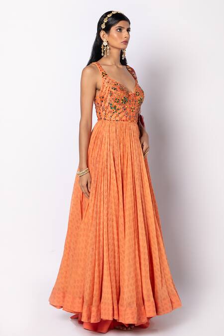 Buy_Labbada_Orange 45 Gm Light Chanderi Silk Anarkali Hand Embroidered Yoke Set_Online_at_Aza_Fashions
