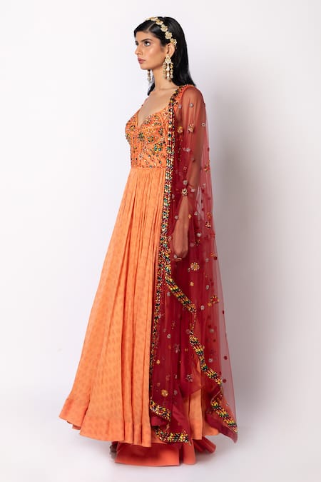 Shop_Labbada_Orange 45 Gm Light Chanderi Silk Anarkali Hand Embroidered Yoke Set_Online_at_Aza_Fashions