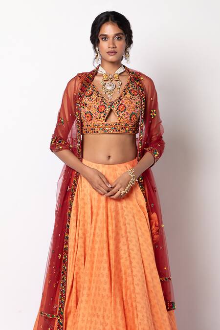 Labbada_Orange 60 Gm Chanderi Silk Lehenga And Blouse Block & Hand Embroidered Set_Online_at_Aza_Fashions