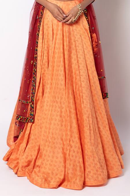 Buy_Labbada_Orange 60 Gm Chanderi Silk Lehenga And Blouse Block & Hand Embroidered Set_Online_at_Aza_Fashions