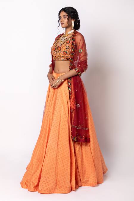 Labbada_Orange 60 Gm Chanderi Silk Lehenga And Blouse Block & Hand Embroidered Set_at_Aza_Fashions