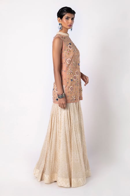 Labbada_Pink Tulle, Viscose, Organza Crystals, Stones, Cut Hand Kurta And Sharara Set_Online_at_Aza_Fashions