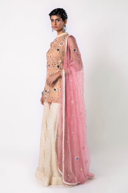 Buy_Labbada_Pink Tulle, Viscose, Organza Crystals, Stones, Cut Hand Kurta And Sharara Set_Online_at_Aza_Fashions