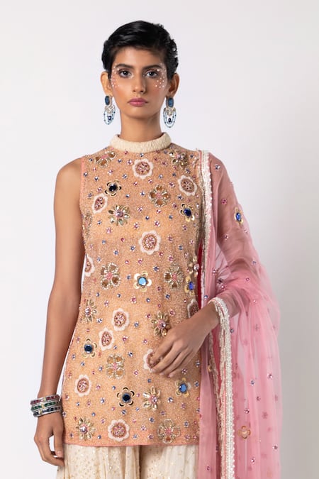 Shop_Labbada_Pink Tulle, Viscose, Organza Crystals, Stones, Cut Hand Kurta And Sharara Set_Online_at_Aza_Fashions