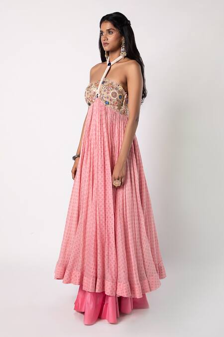 Buy_Labbada_Pink 45 Gms Soft Chanderi Anarkali Print Geometric Halter Neck And Palazzo Set_Online_at_Aza_Fashions