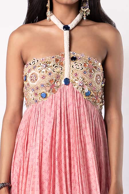 Shop_Labbada_Pink 45 Gms Soft Chanderi Anarkali Print Geometric Halter Neck And Palazzo Set_Online_at_Aza_Fashions