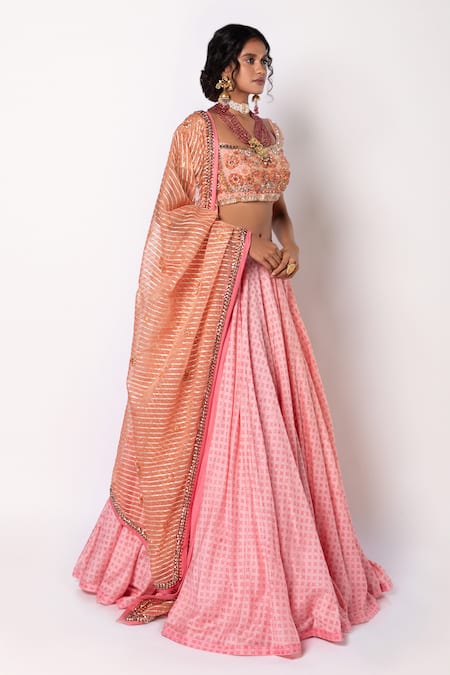 Labbada_Pink Chanderi Silk, Organza Block Print Lehenga And Floral Embroidered Blouse Set_Online_at_Aza_Fashions