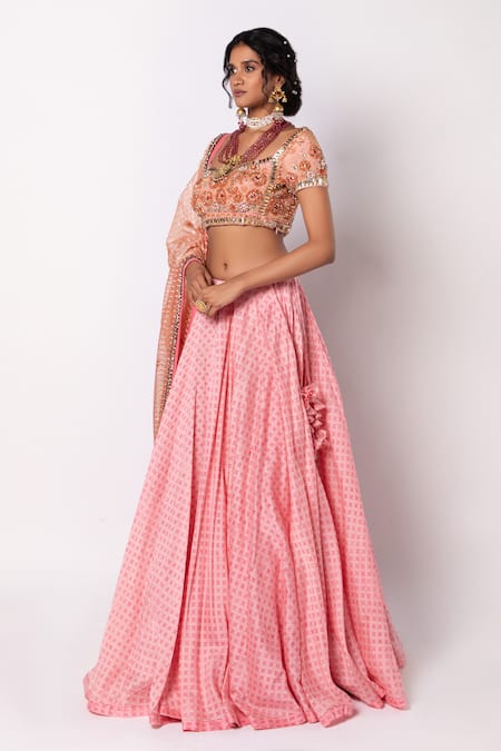 Buy_Labbada_Pink Chanderi Silk, Organza Block Print Lehenga And Floral Embroidered Blouse Set_Online_at_Aza_Fashions