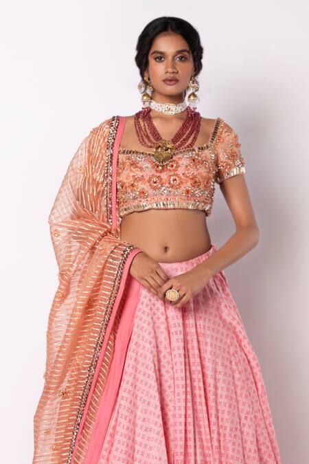 Shop_Labbada_Pink Chanderi Silk, Organza Block Print Lehenga And Floral Embroidered Blouse Set_Online_at_Aza_Fashions