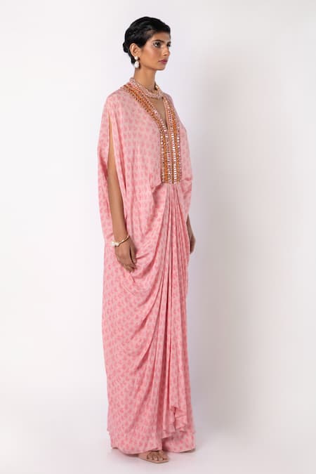 Labbada_Pink Crepe, Cotton, Silk Embroidery, Stones Crystal Hand Kaftan With Pant_Online_at_Aza_Fashions