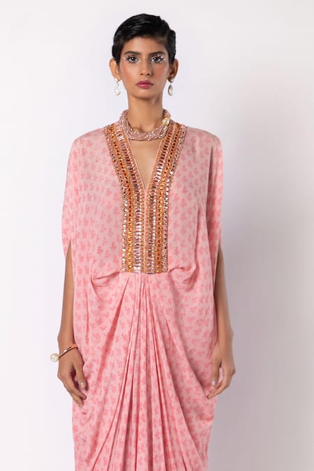 Shop_Labbada_Pink Crepe, Cotton, Silk Embroidery, Stones Crystal Hand Kaftan With Pant_Online_at_Aza_Fashions