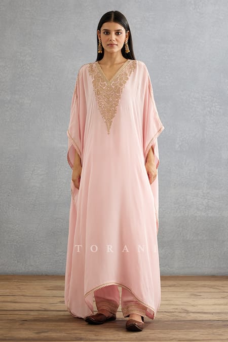 Buy Torani Pink Cotton, Silk Embroidery V-neck Gul Mohar Yoke Kaftan And Pant Set Buy_Torani_Pink Cotton, Silk Embroidery V-neck Gul Mohar Yoke Kaftan And Pant Set