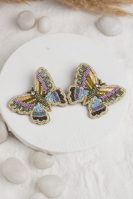 Shop Torque By Merge Multi Color Beads, Stones Embroidered Butterfly Earrings at Aza Fashions Shop_Torque By Merge_Multi Color Beads, Stones Embroidered Butterfly Earrings _at_Aza_Fashions