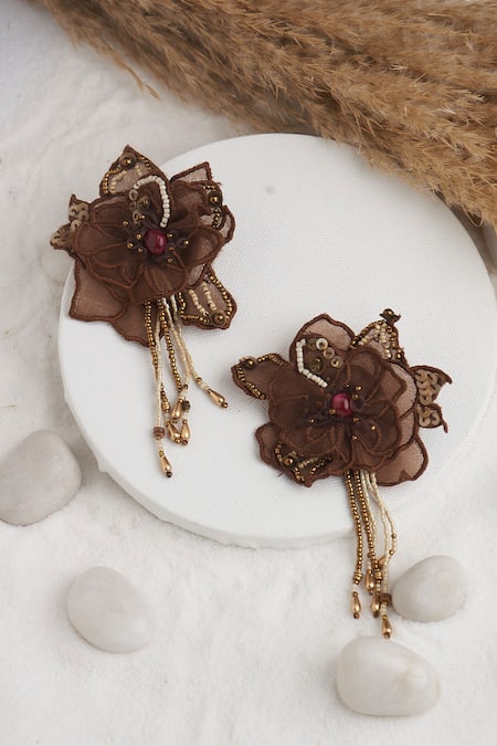 Shop Torque By Merge Brown Beads, Stones Flower Embellished Earrings at Aza Fashions Shop_Torque By Merge_Brown Beads, Stones Flower Embellished Earrings _at_Aza_Fashions