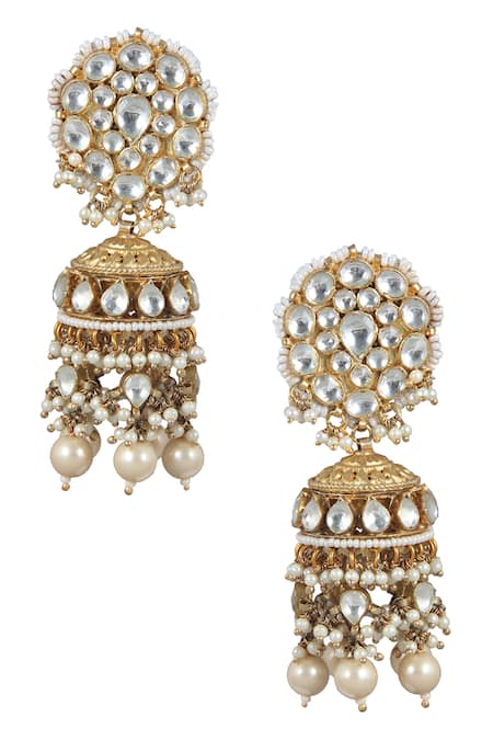 Shop Riana Jewellery Gold Plated Floral Stone Jhumkas at Aza Fashions Shop_Riana Jewellery_Gold Plated Floral Stone Jhumkas _at_Aza_Fashions