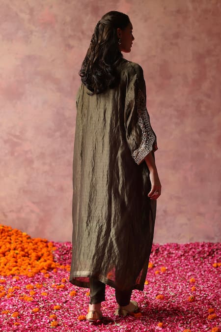 Shop Begum Green Satin, Tissue Zari V-neck Heer Neckline Embellished Phiran And Pant Set at Aza Fashions Shop_Begum_Green Satin, Tissue Zari V-neck Heer Neckline Embellished Phiran And Pant Set _at_Aza_Fashions