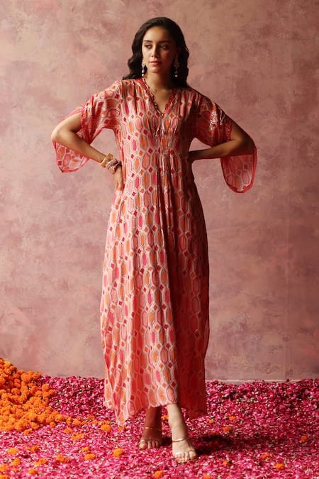 Begum Peach Kaftan Georgette Embroidery Sequin V Inaya Geometric Dress 