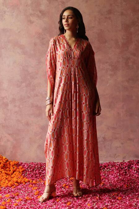 Begum Peach Georgette, Satin Sequins V-neck Inaya Geometric Embroidered Kaftan Dress Online at Aza Fashions Begum_Peach Georgette, Satin Sequins V-neck Inaya Geometric Embroidered Kaftan Dress_Online_at_Aza_Fashions