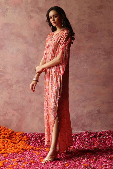 Buy Begum Peach Georgette, Satin Sequins V-neck Inaya Geometric Embroidered Kaftan Dress Online at Aza Fashions Buy_Begum_Peach Georgette, Satin Sequins V-neck Inaya Geometric Embroidered Kaftan Dress_Online_at_Aza_Fashions