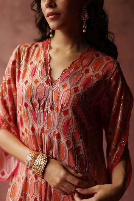 Begum Peach Georgette, Satin Sequins V-neck Inaya Geometric Embroidered Kaftan Dress at Aza Fashions Begum_Peach Georgette, Satin Sequins V-neck Inaya Geometric Embroidered Kaftan Dress_at_Aza_Fashions