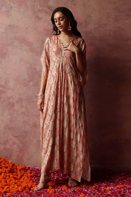 Begum Green Kaftan Georgette Embroidery Sequin V Neck Inaya Dress 