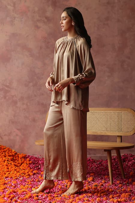 Buy Begum Gold Satin Cut Work, Sequins, Zari Round Champagne Embroidered Top And Pant Set Online at Aza Fashions Buy_Begum_Gold Satin Cut Work, Sequins, Zari Round Champagne Embroidered Top And Pant Set _Online_at_Aza_Fashions