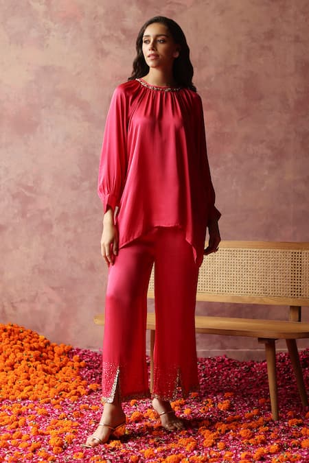 Begum Fuchsia Satin Embroidery Zardozi Round Ishaaira Neckline Top And Pant Set 