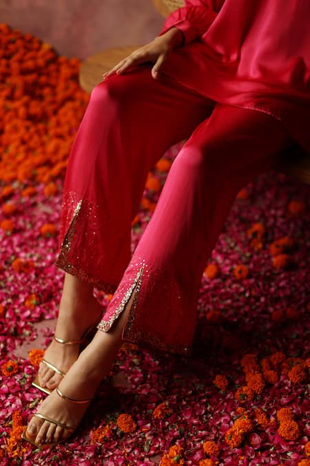 Shop_Begum_Fuchsia Satin Zari, Sequins Ishaaira Zardozi Neckline Embroidered Top And Pant Set _Online_at_Aza_Fashions