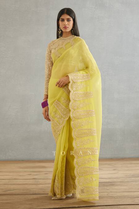 Torani Yellow Silk Organza, Cotton Embroidery Gul Mina Geetika Hand Saree at Aza Fashions Torani_Yellow Silk Organza, Cotton Embroidery Gul Mina Geetika Hand Saree _at_Aza_Fashions