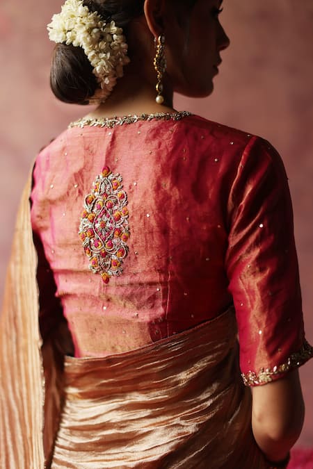 Begum Gold Silk, Tissue Zari, Embroidery, Lace Round Neck Saree With Blouse Online at Aza Fashions Begum_Gold Silk, Tissue Zari, Embroidery, Lace Round Neck Saree With Blouse _Online_at_Aza_Fashions