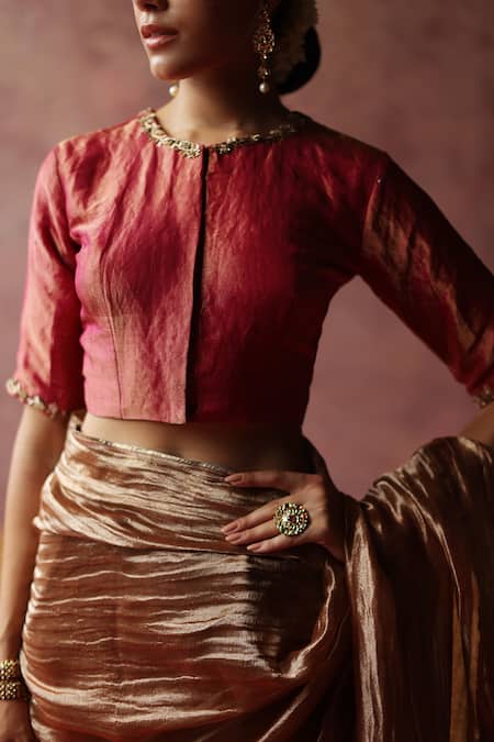 Shop Begum Gold Silk, Tissue Zari, Embroidery, Lace Round Neck Saree With Blouse Online at Aza Fashions Shop_Begum_Gold Silk, Tissue Zari, Embroidery, Lace Round Neck Saree With Blouse _Online_at_Aza_Fashions