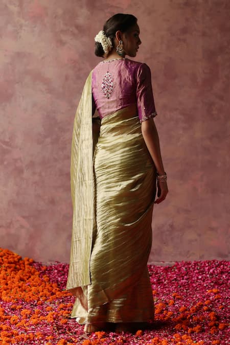 Shop Begum Green Saree Zari Tissue Embroidery Lace Round Solid With Silk Blouse at Aza Fashions Shop_Begum_Green Saree Zari Tissue Embroidery Lace Round Solid With Silk Blouse _at_Aza_Fashions