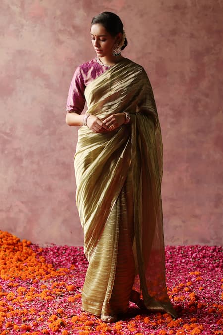 Begum Green Saree Zari Tissue Embroidery Lace Round Solid With Silk Blouse Online at Aza Fashions Begum_Green Saree Zari Tissue Embroidery Lace Round Solid With Silk Blouse _Online_at_Aza_Fashions