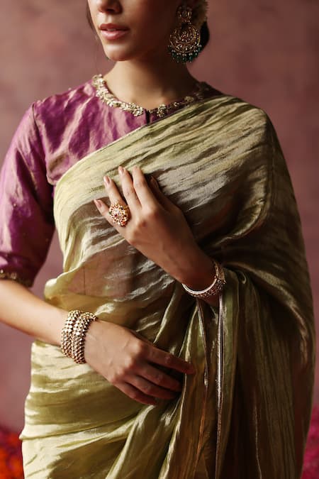 Shop Begum Green Saree Zari Tissue Embroidery Lace Round Solid With Silk Blouse Online at Aza Fashions Shop_Begum_Green Saree Zari Tissue Embroidery Lace Round Solid With Silk Blouse _Online_at_Aza_Fashions