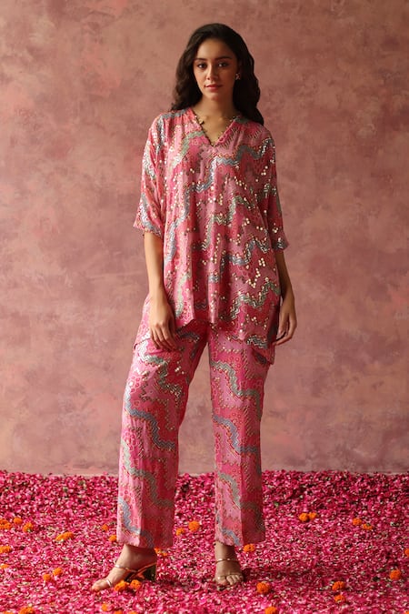 Begum Pink Kaftan Georgette Embroidery Sequin V Neck Maiyra And Pant Set 