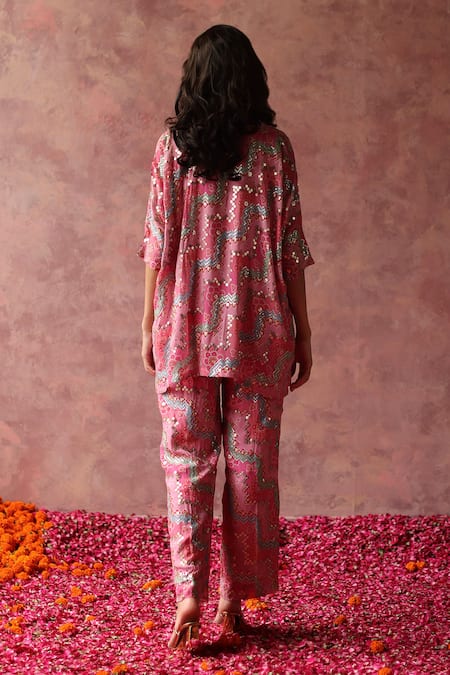 Shop Begum Pink Georgette, Satin Sequins, Embroidery V-neck Maiyra Kaftan And Pant Set at Aza Fashions Shop_Begum_Pink Georgette, Satin Sequins, Embroidery V-neck Maiyra Kaftan And Pant Set _at_Aza_Fashions