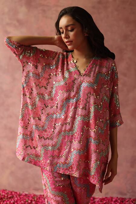 Buy_Begum_Pink Georgette, Satin Sequins, Embroidery V-neck Maiyra Kaftan And Pant Set _Online_at_Aza_Fashions
