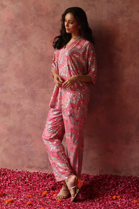 Shop Begum Pink Georgette, Satin Sequins, Embroidery V-neck Maiyra Kaftan And Pant Set Online at Aza Fashions Shop_Begum_Pink Georgette, Satin Sequins, Embroidery V-neck Maiyra Kaftan And Pant Set _Online_at_Aza_Fashions