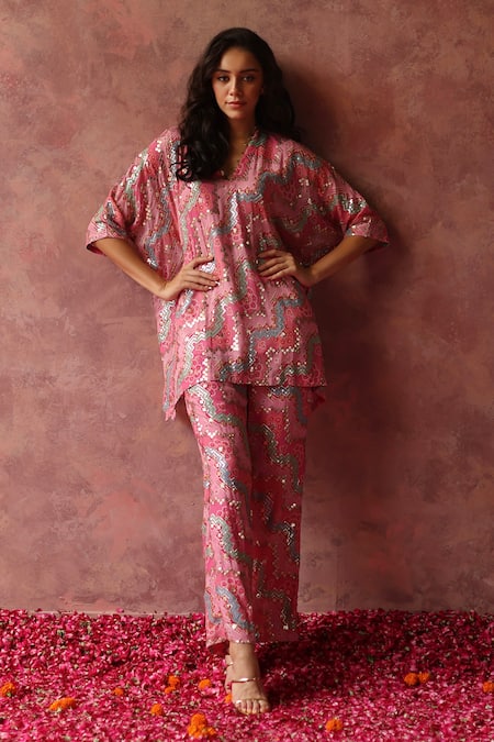 Begum Pink Georgette, Satin Sequins, Embroidery V-neck Maiyra Kaftan And Pant Set at Aza Fashions Begum_Pink Georgette, Satin Sequins, Embroidery V-neck Maiyra Kaftan And Pant Set _at_Aza_Fashions