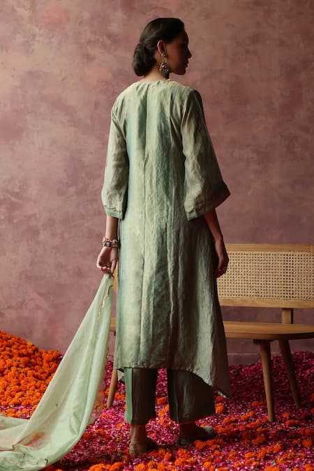 Shop_Begum_Green Silk, Satin, Organza Sequins, Gota Patti Paakizah Work Kurta Pant Set _at_Aza_Fashions