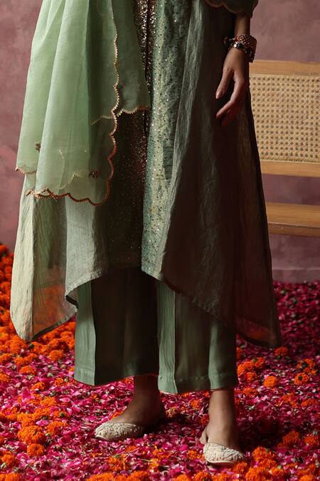 Buy_Begum_Green Silk, Satin, Organza Sequins, Gota Patti Paakizah Work Kurta Pant Set _Online_at_Aza_Fashions
