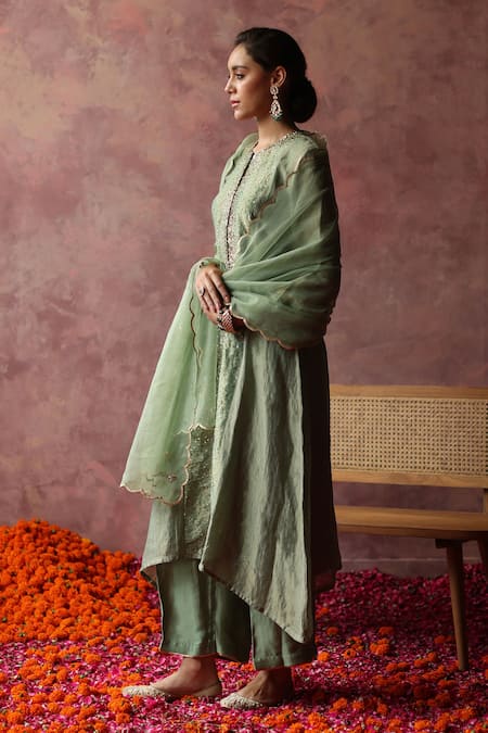 Shop_Begum_Green Silk, Satin, Organza Sequins, Gota Patti Paakizah Work Kurta Pant Set _Online_at_Aza_Fashions