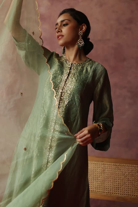 Begum_Green Silk, Satin, Organza Sequins, Gota Patti Paakizah Work Kurta Pant Set _at_Aza_Fashions