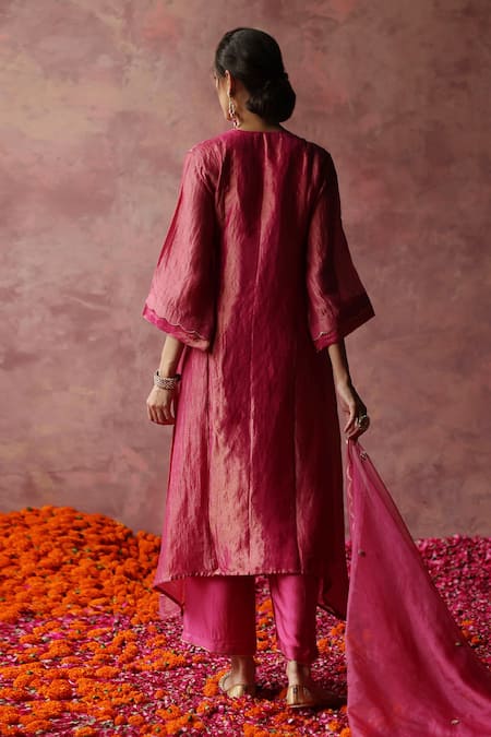 Shop_Begum_Pink Silk, Satin, Organza Sequins, Gota Patti Round Paakizah Work Kurta Set _at_Aza_Fashions