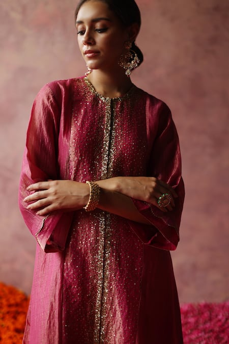 Begum_Pink Silk, Satin, Organza Sequins, Gota Patti Round Paakizah Work Kurta Set _Online_at_Aza_Fashions