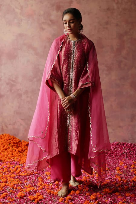 Buy_Begum_Pink Silk, Satin, Organza Sequins, Gota Patti Round Paakizah Work Kurta Set _Online_at_Aza_Fashions