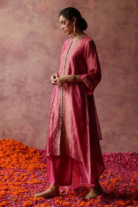 Shop_Begum_Pink Silk, Satin, Organza Sequins, Gota Patti Round Paakizah Work Kurta Set _Online_at_Aza_Fashions