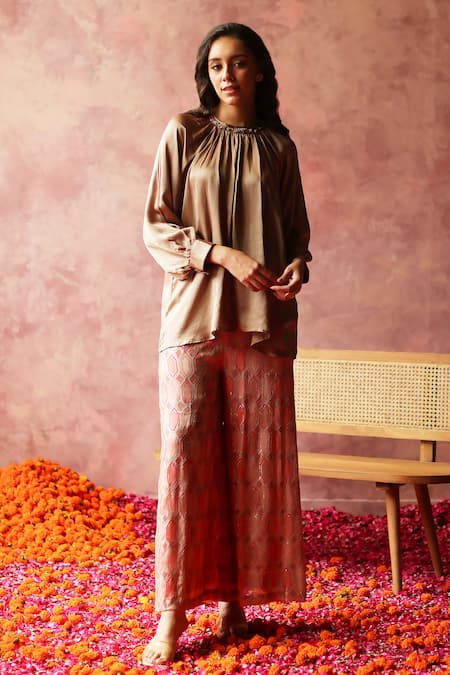 Begum Gold Top Satin Embroidered Sequin Round Collar Rene And Pant Set 